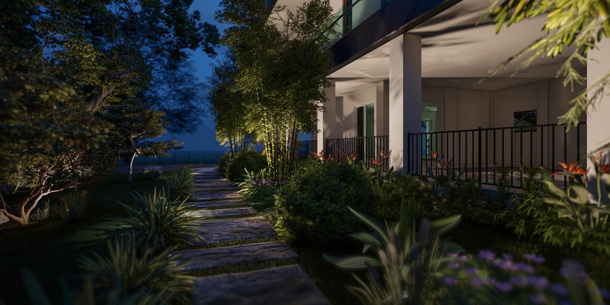 A lush garden pathway illuminated with soft, warm lighting that casts gentle shadows on the greenery, leading to a modern patio.