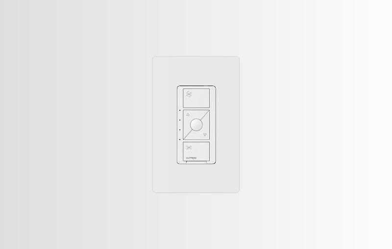 Lutron fan control switch on a white wall.