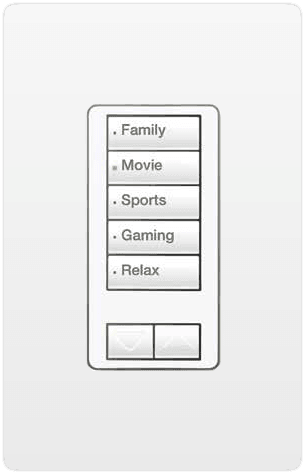Lutron keypad with buttons labeled for different activities: Family, Movie, Sports, Gaming, Relax.