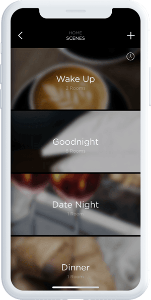 Savant brand mobile interface showing various home scenes like Wake Up, Goodnight, Date Night, and Dinner.