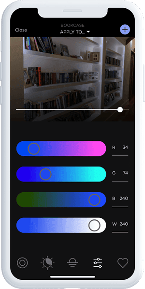 Savant brand mobile interface for controlling bookcase lighting with RGB color settings.