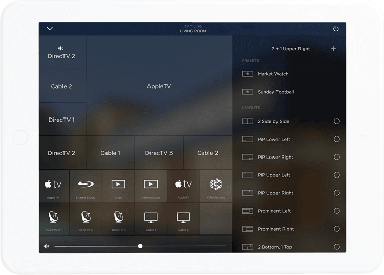 Savant video tiling control interface on an iPad, showing multiple TV input options and layout presets for a living room setup.