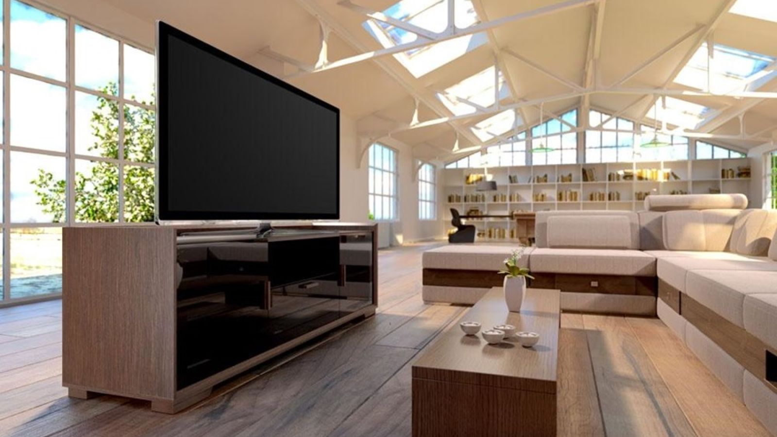 Smart TV sitting on an entertainment center in the living room