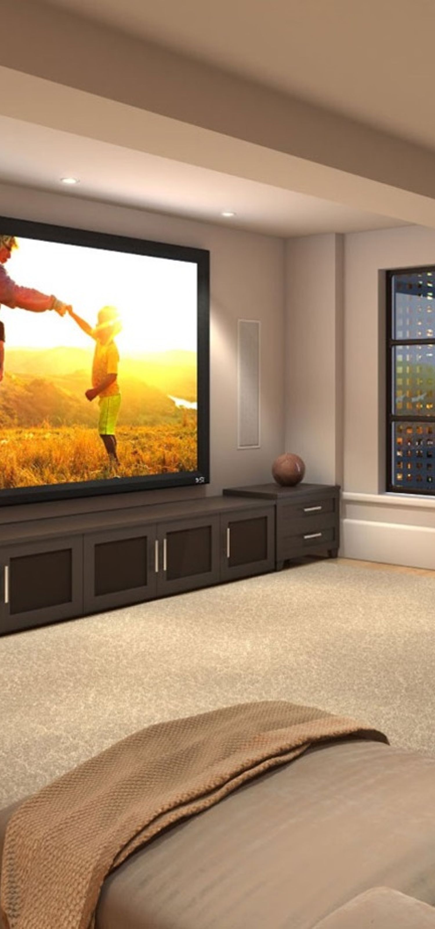 Home theater screen installation and surround sound for family room