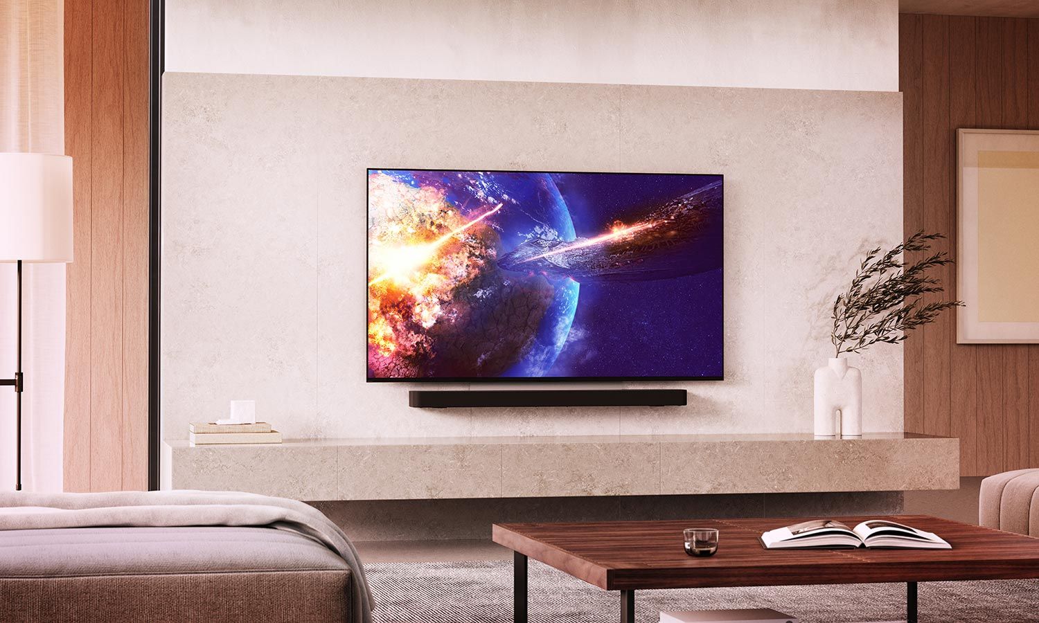 Sony flat-screen TV mounted on a living room wall, displaying vibrant and immersive visuals.
