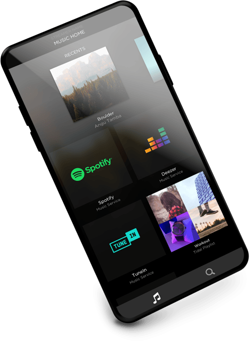 Savant app's music home screen on a smartphone, featuring recent music selections and various streaming services like Spotify, Deezer, TuneIn, and Tidal, displayed at an angle.