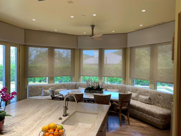 Dining area view from Kitchen with motorized shades in Agoura Hills