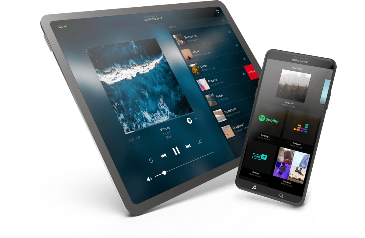 Savant music app displayed on a tablet and a phone, showcasing music playback and selection options.