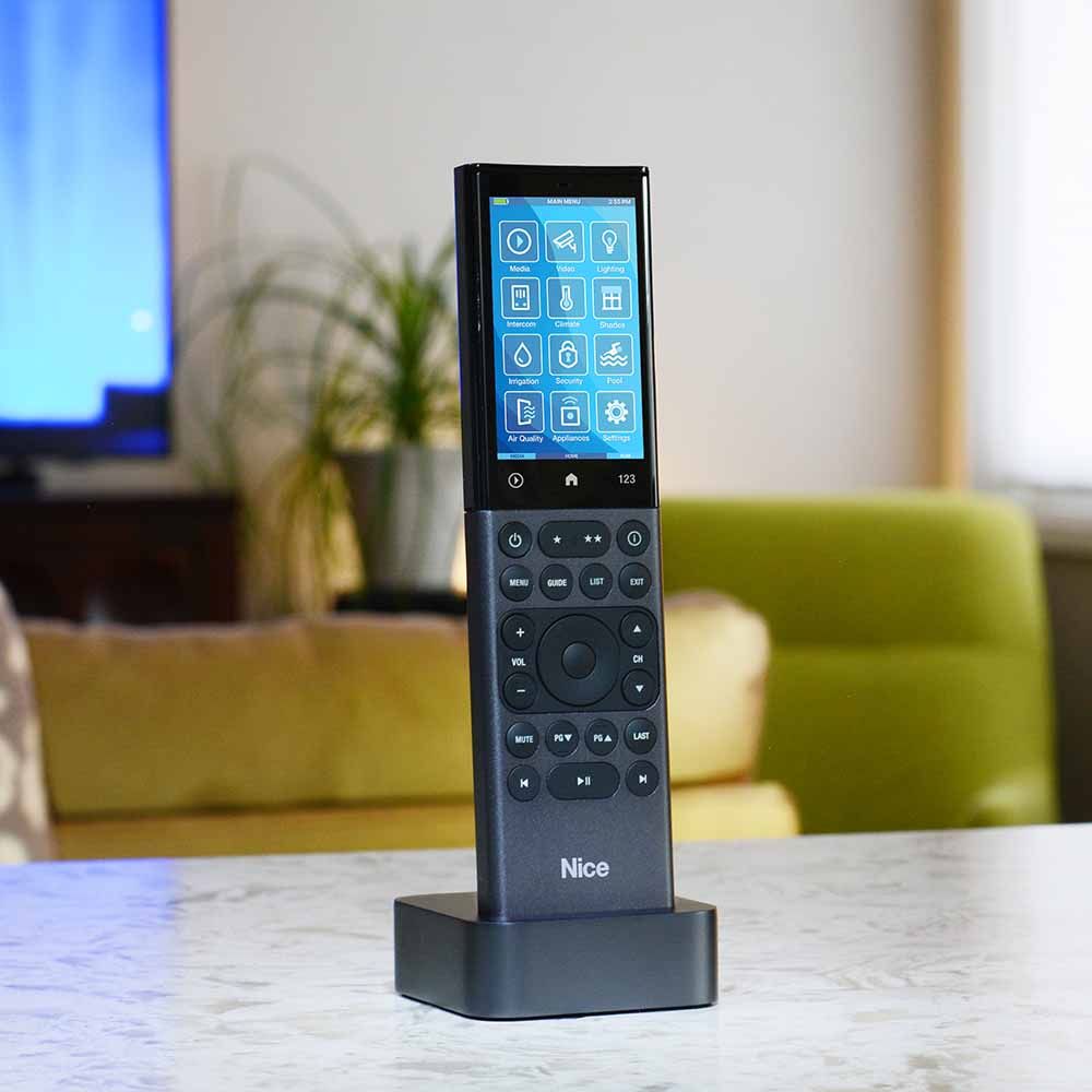 A lineup of sophisticated remotes with ergonomic designs and intuitive button layouts, ideal for home automation.