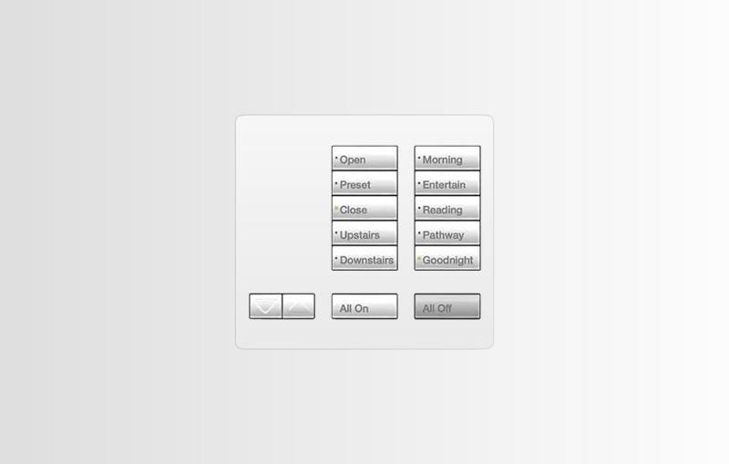 Lutron keypad with multiple buttons labeled for different lighting and shading presets.