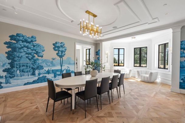 Dining room with in ceiling speakers for music in Beverly Hills