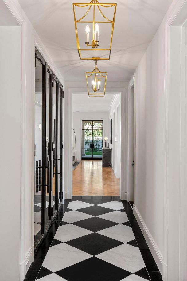 Black and white hallway with lighting control