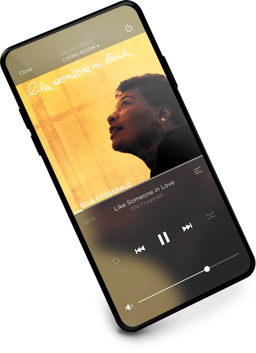 Savant app showing music playback of Ella Fitzgerald's Like Someone in Love on a smartphone.