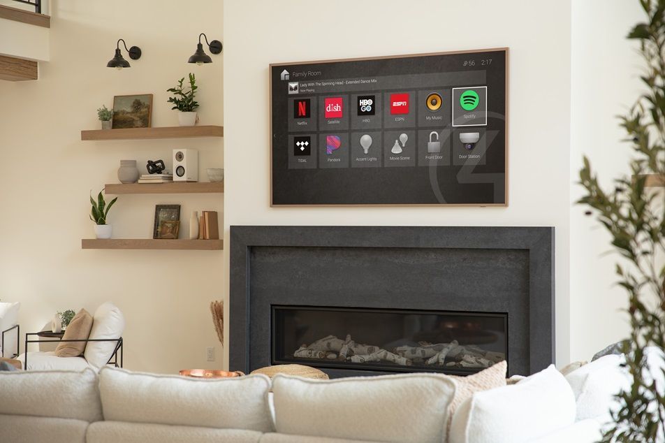Mounted smart tv in living room area