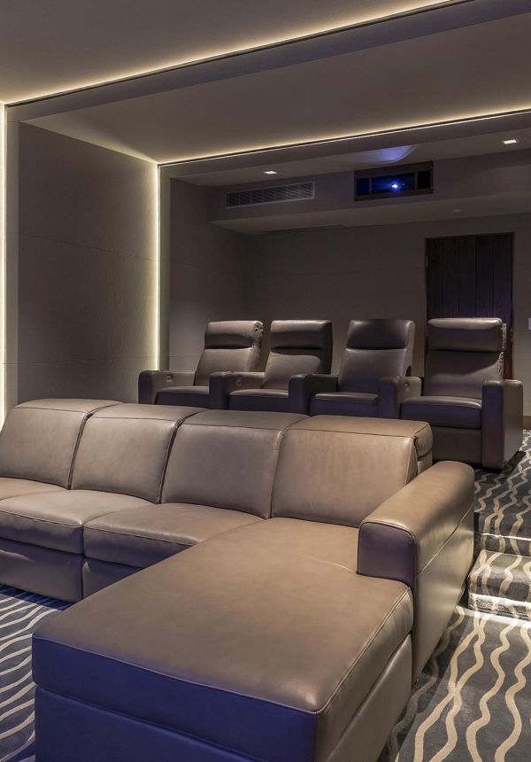 Home theater seating in dedicated movie room 