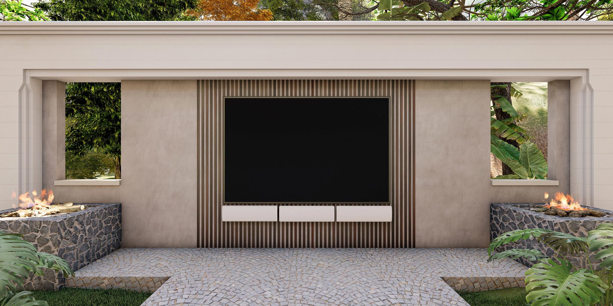 A contemporary outdoor wall with a large display and decorative fire features on each side, surrounded by plants and stone details.