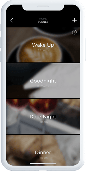 Savant brand mobile interface showing various home scenes like Wake Up, Goodnight, Date Night, and Dinner.