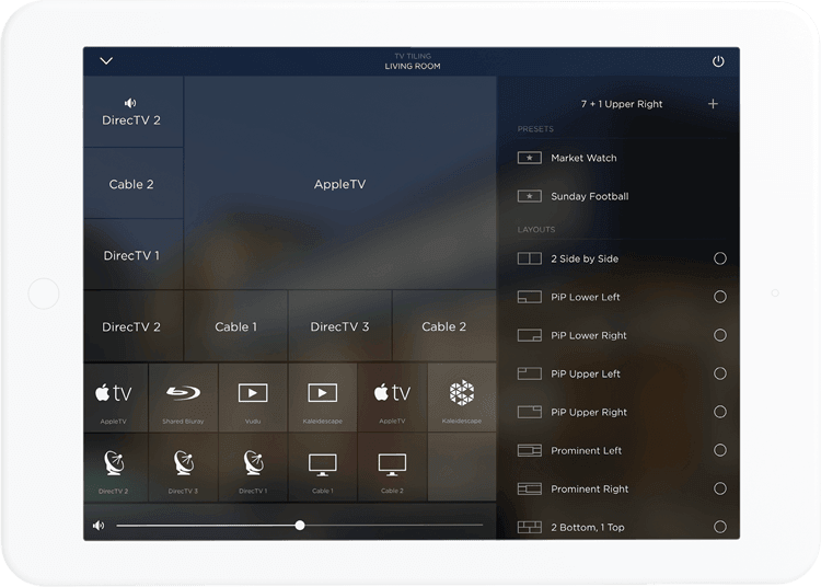 Savant video tiling control interface on an iPad, showing multiple TV input options and layout presets for a living room setup.