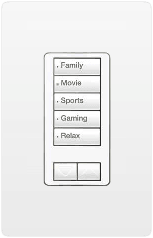 Lutron keypad with buttons labeled for different activities: Family, Movie, Sports, Gaming, Relax.