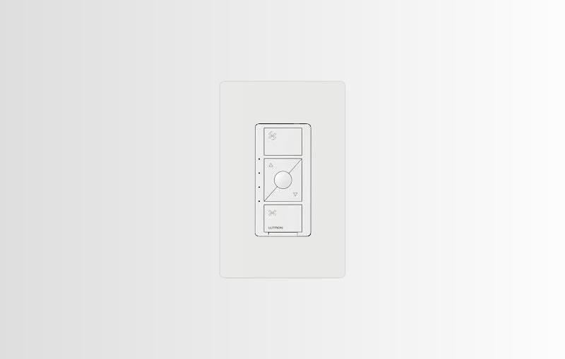 Lutron fan control switch on a white wall.