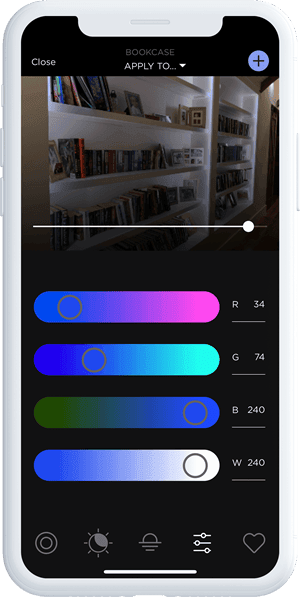 Savant brand mobile interface for controlling bookcase lighting with RGB color settings.